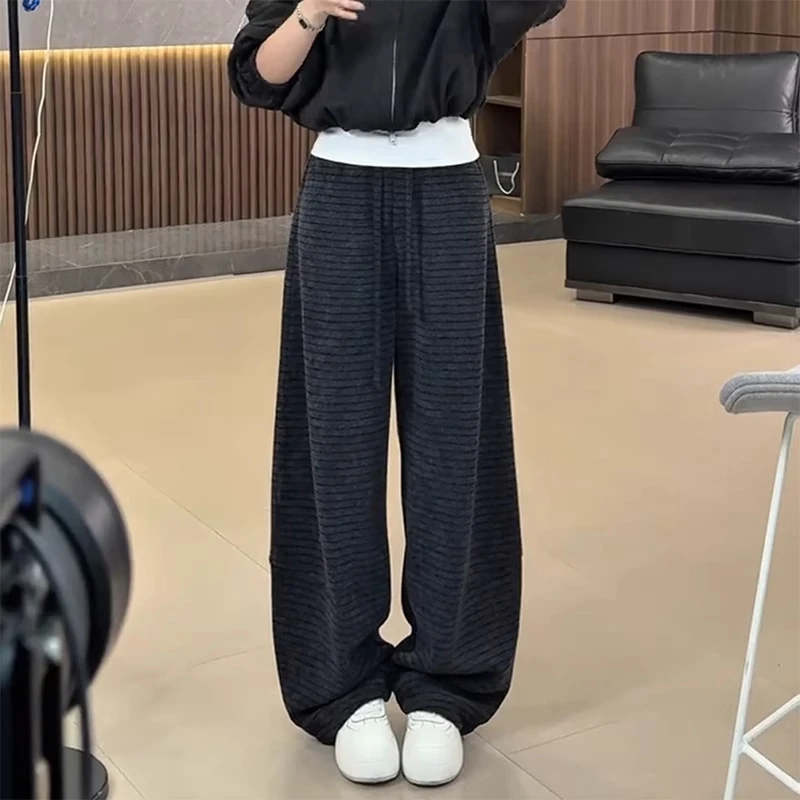 高级感羊毛呢条纹弯刀裤女2025秋冬新款松紧高腰宽松慵懒风阔腿裤