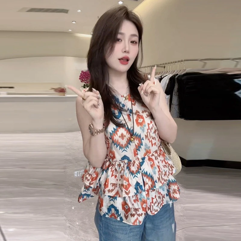复古设计感拼接印花衬衫2025夏季新款韩系宽松休闲气质无袖上衣潮