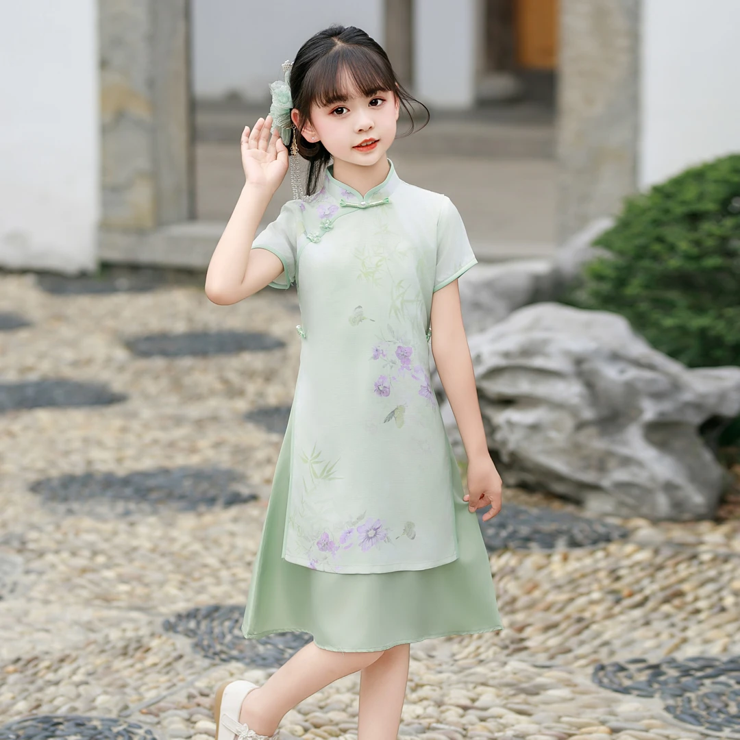 绿色儿童国风奥黛旗袍小清新夏季薄款短袖洋气新中式女大童连衣裙