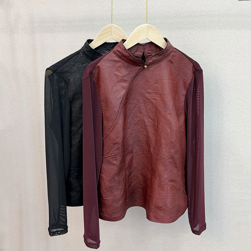 靓哥香云纱100%桑蚕丝半高领上衣女休闲女装新中式立领长袖打底衫