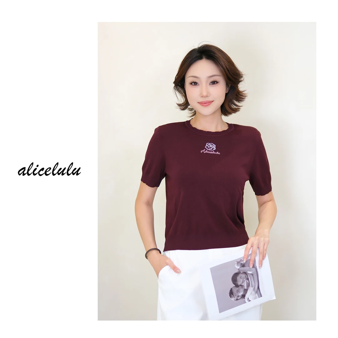 [alicelulu] 夏宽松圆领玫瑰印花短袖套头针织衫S2143281E