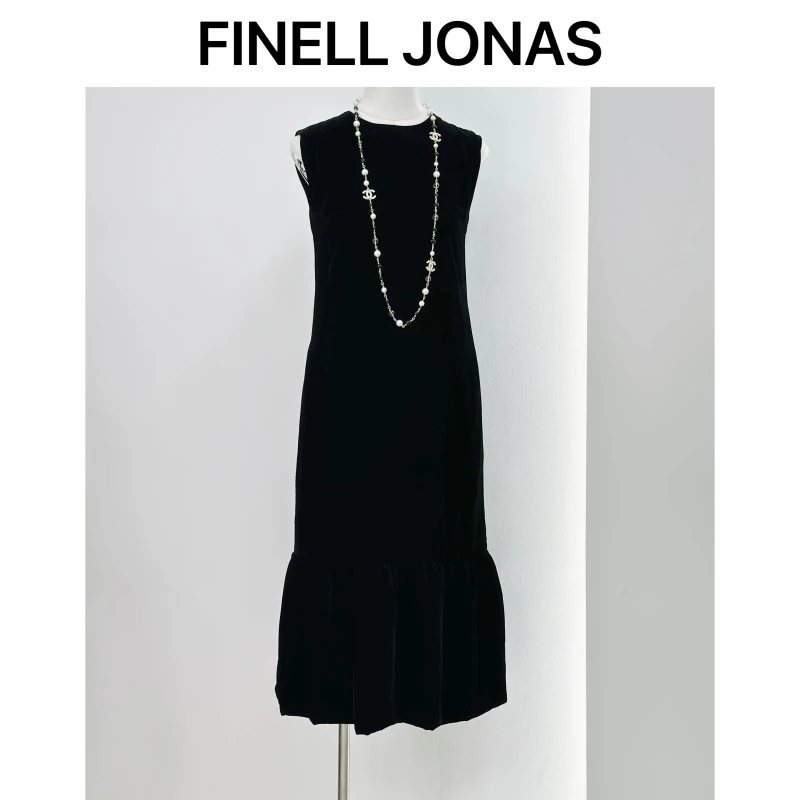 Finell Jonas 秋冬新款气质小黑裙丝绒无袖背心显瘦连衣裙