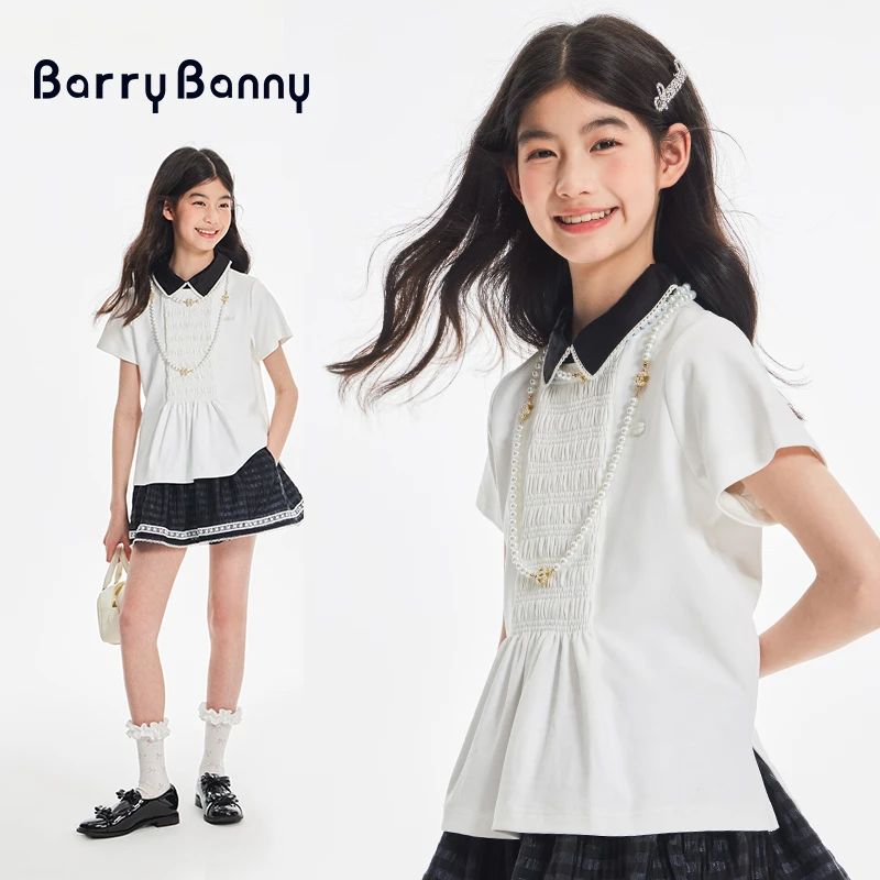 BarryBanny潮牌童装2025年款衣服儿童女童娃娃领百搭泡泡袖上衣