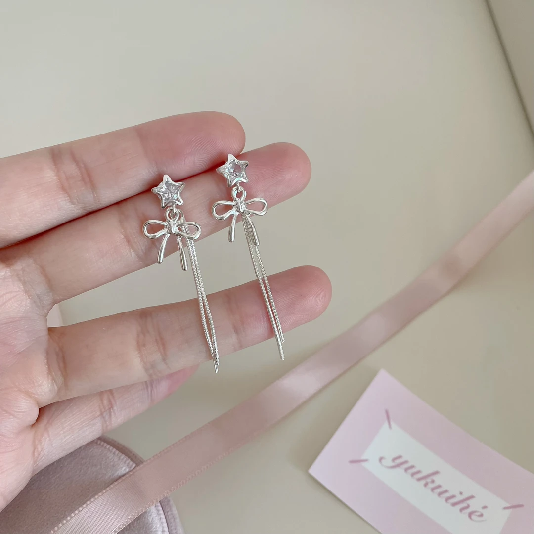 铜合金耳饰 D2056星星蝴蝶结流苏耳钉精致显脸小耳环