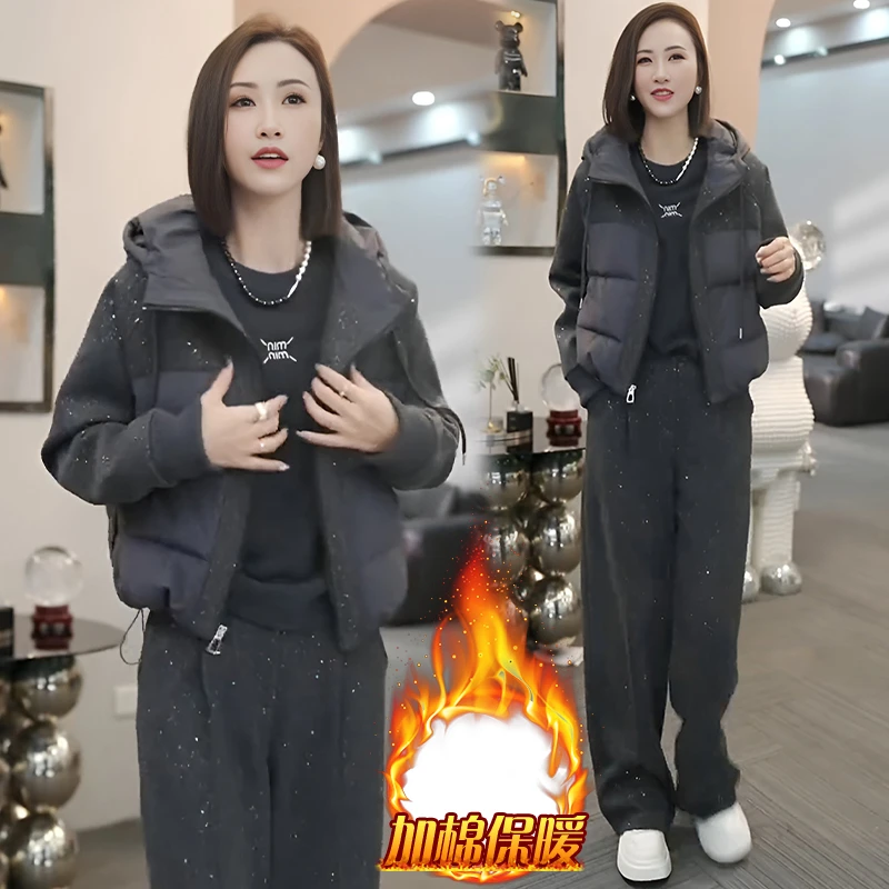 时尚轻奢连帽棉服外套套装女2025年冬季重工休闲百搭直筒裤两件套