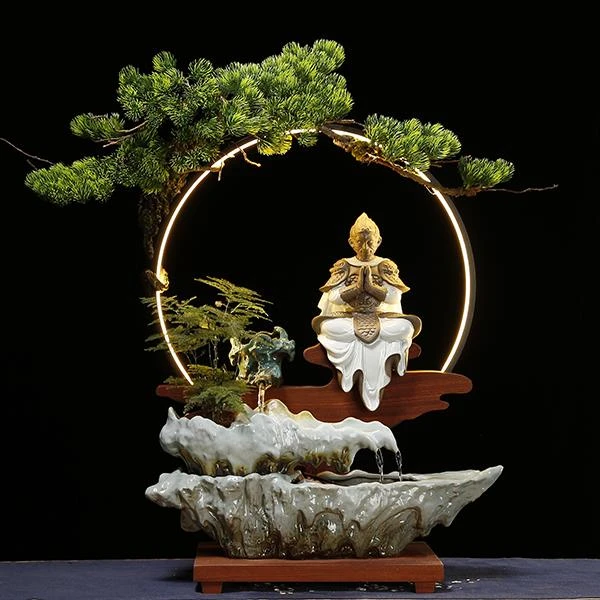禅意喷泉流水摆件循环水系景观客厅弥勒笑佛齐天大圣佛像装饰