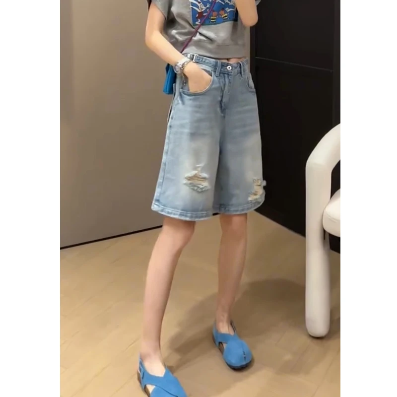 牛仔裤女士2025年新款夏季爆款裤子显瘦高腰五分裤蓝色破洞阔腿裤