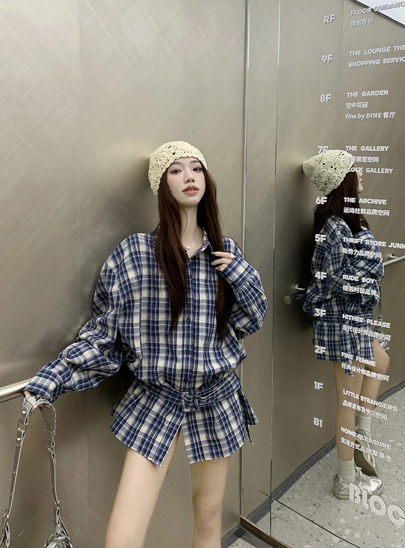 甜酷辣妹蓝色格纹衬衫女春季气质绑带收腰显瘦开衫中长款宽松衬衣