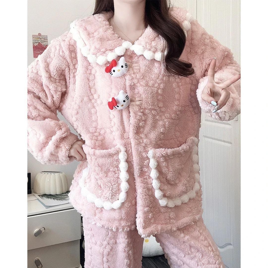 【长毛绒】冬季睡衣女款加厚加绒KT猫新款冬天娃娃领少女家居服套装