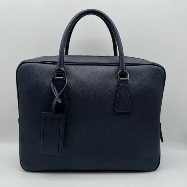 99新 Prada/普拉达 藏蓝色十字纹手提公文包/2146