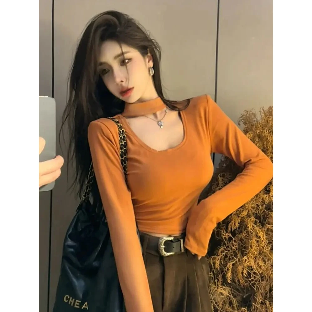 辣妹纯欲风性感U领长袖T恤女秋季新款纯色上衣修身显瘦内搭打底衫