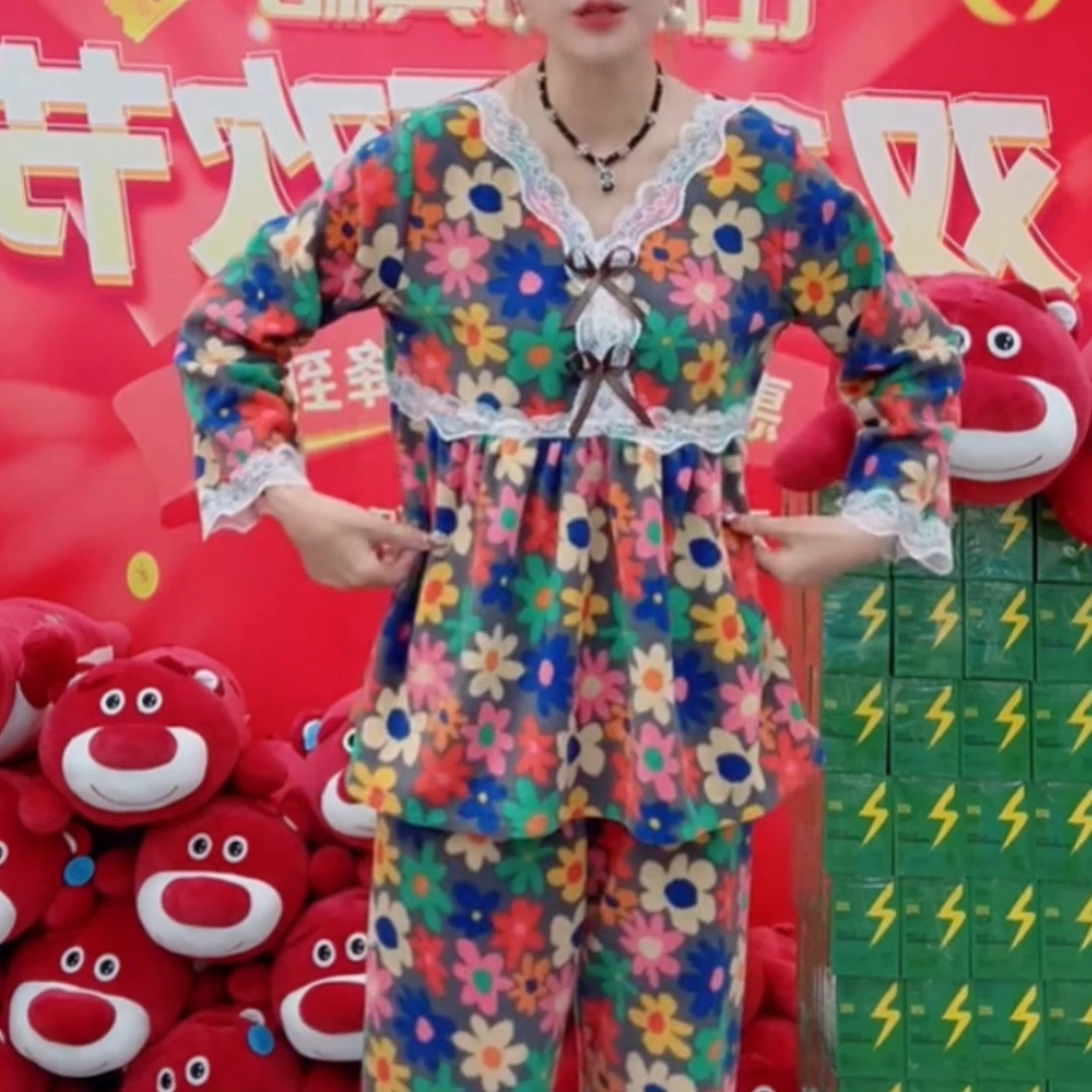 加厚保暖花朵暖暖绒绒长袖家居服睡衣套装【实物微色差】