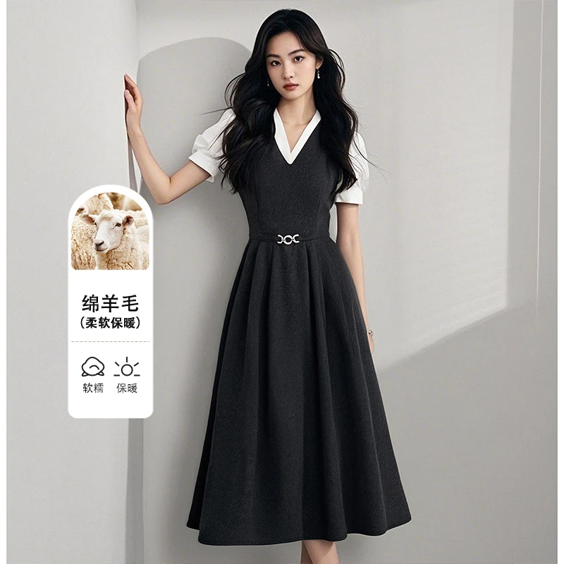 【断码清仓】冬v领裙子呢背心连衣裙24062103