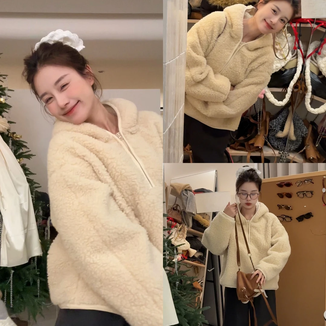 【黄油小熊】2024秋冬新款百搭连帽时尚宽松网红加绒保暖毛绒卫衣