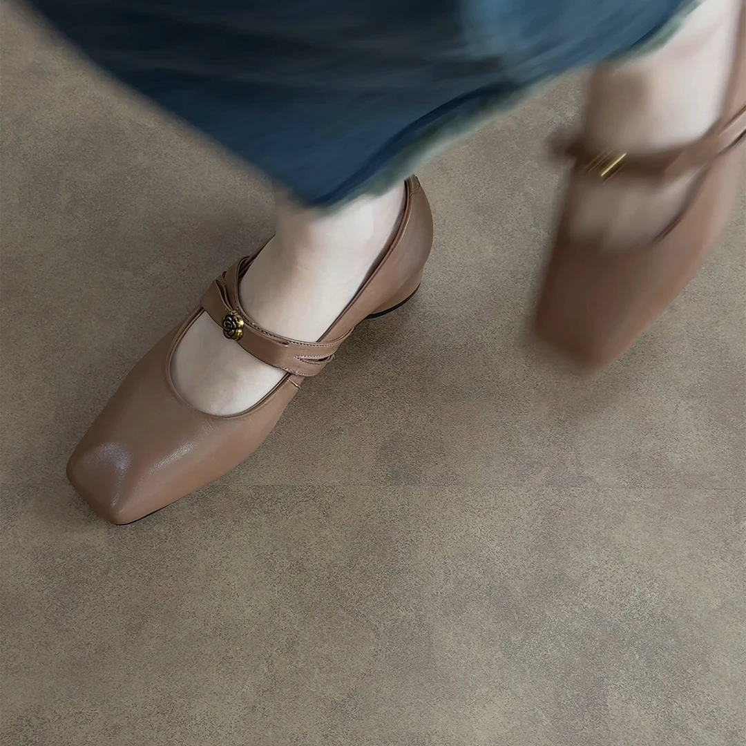 3cm/ED2249牛皮粗跟方头单鞋女法式一字带玛丽珍鞋浅口中跟真皮