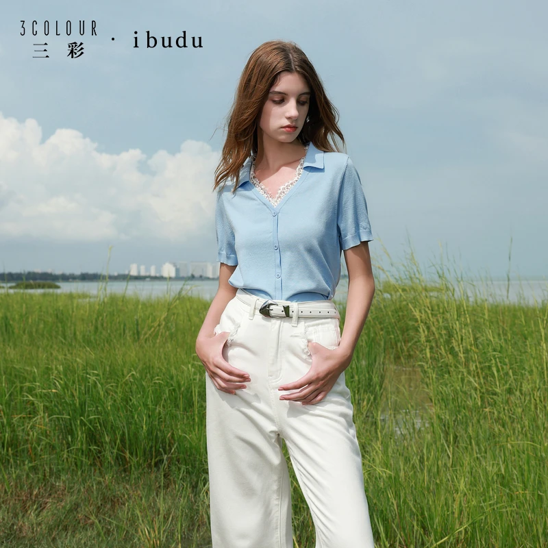三彩ibudu2025秋季新款花边针织衫V领毛衫短袖套头女