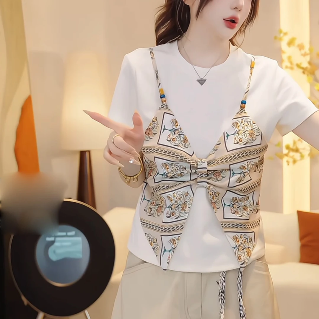 高级感别致丝巾假两件短袖T恤女2025夏季新款时尚洋气百搭上衣女