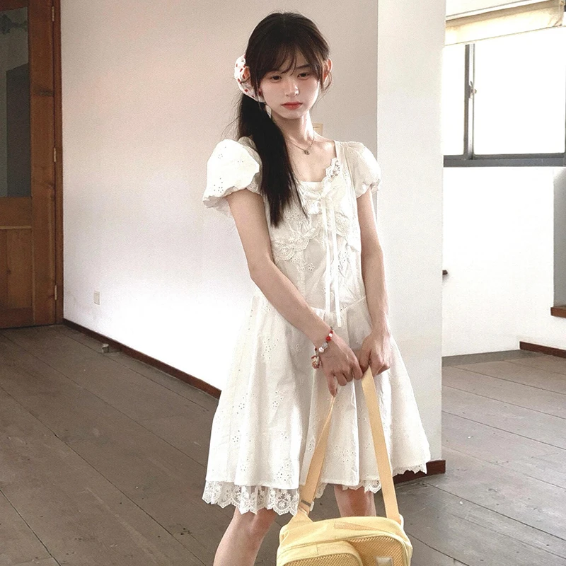 3525【马琦尧专属】y6y法式温柔风泡泡袖白色连衣裙气质蕾丝短裙