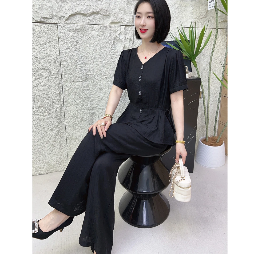 白领女士黑色短袖套装气质优雅宽松大码收腰大直筒裤套裤职业套装