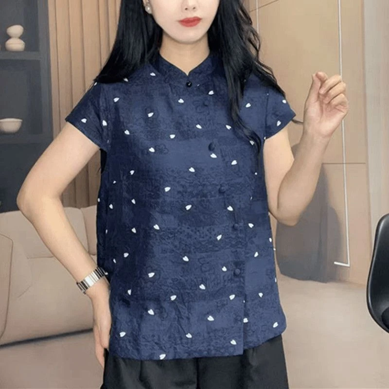 新中式气质减龄爱心印花薄款妈妈上衣夏季休闲通勤国风遮肉衬衫