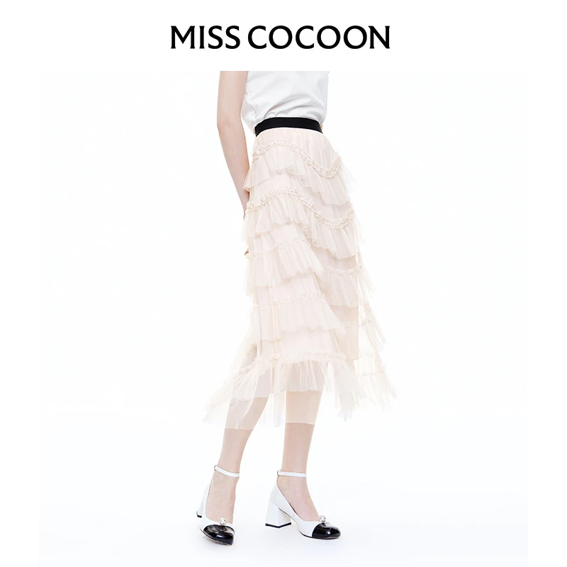 可可尼cocoon钻条网纱蛋糕裙女2025夏季新款米色长裙