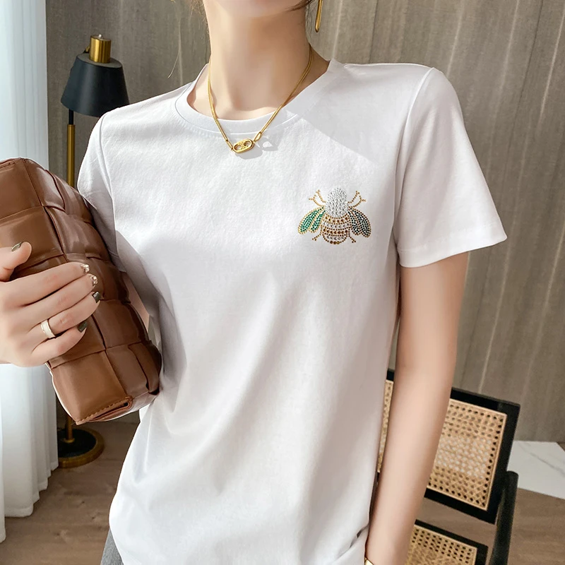 高端100%纯棉T恤女130支双面丝光棉短袖圆领宽松大码夏季百搭印花