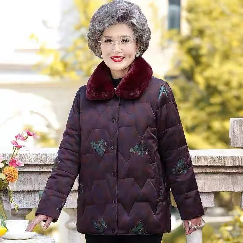 獭兔毛暗紫色刺绣羽绒服冬季中年妈妈常规款中老年女装冬装女装