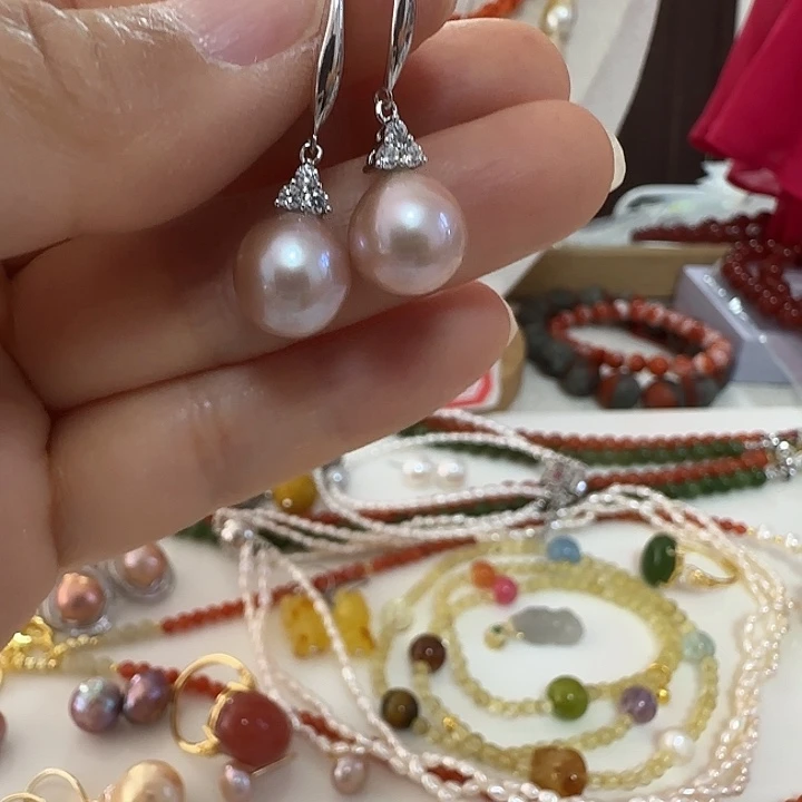 银S925镶嵌耳饰淡水珍珠10加粉色椭圆正常纹