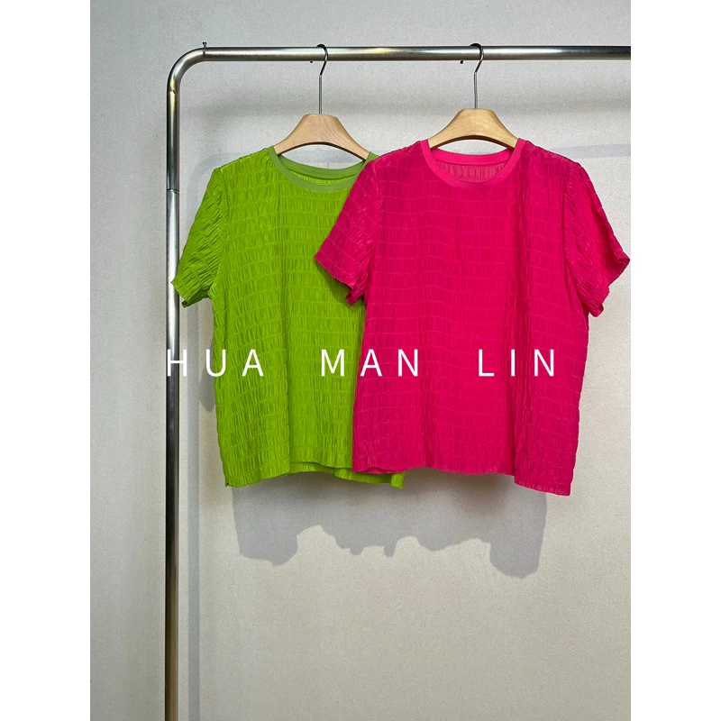 【花满林】两色圆领螺纹泡泡双绉真丝桑蚕丝短袖上衣259330