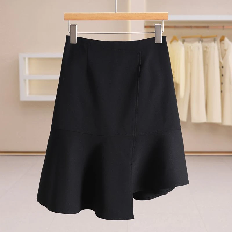 可可上身款【彩】不规则显瘦开叉A字裙高腰黑色半身裙#WSC58E018