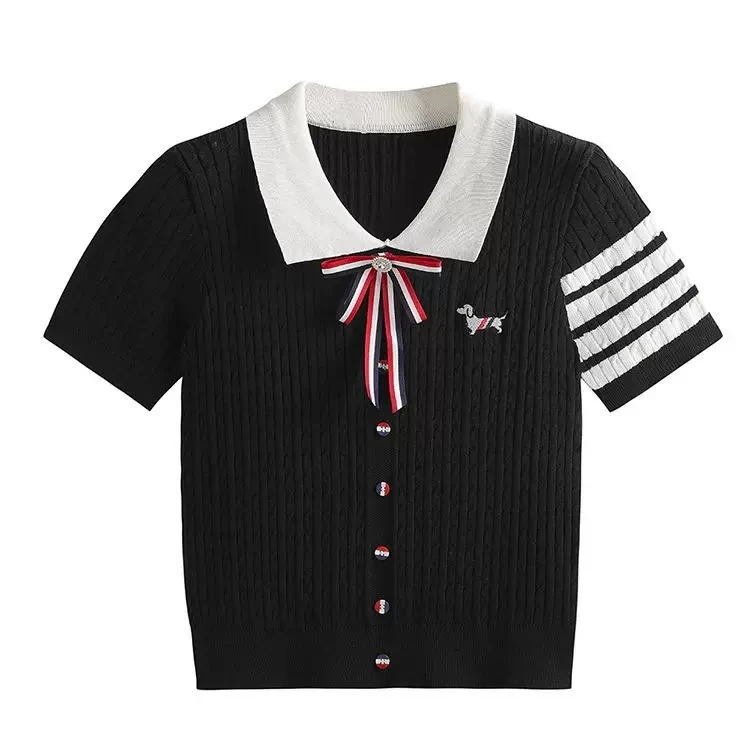 四道杠蝴蝶结小狗刺绣翻领学院风减龄麻花针织短袖T恤女潮L011