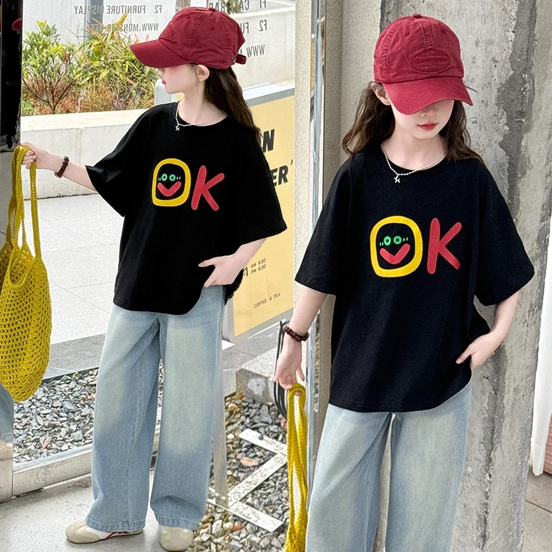 女童套装夏款2025新款儿童洋气宽松短袖大童女孩夏季牛仔裤两件套