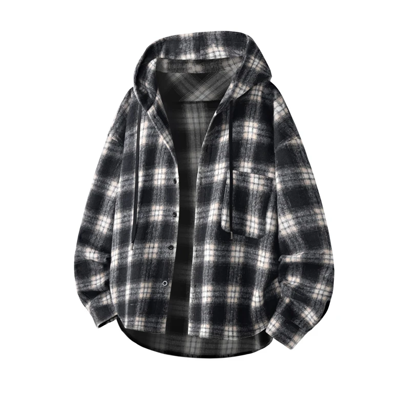 港风连帽格子拼色时尚春秋男款春季设计师衬衫中长款大码衬衫外套