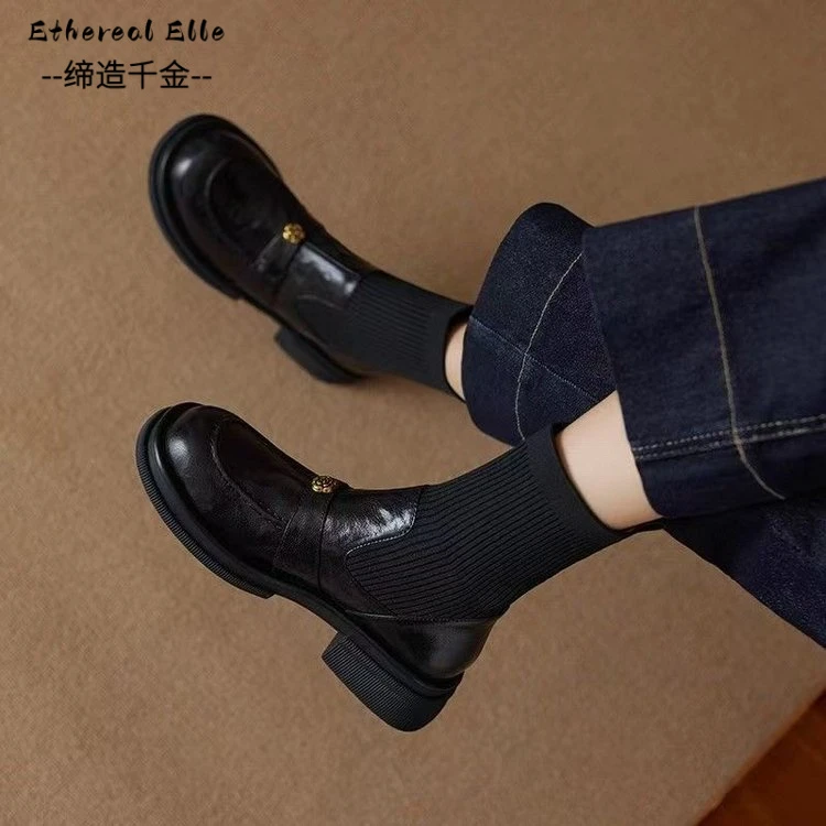 复古软皮山茶花厚底中跟短靴女2025秋冬新款圆头粗跟针织弹力袜靴