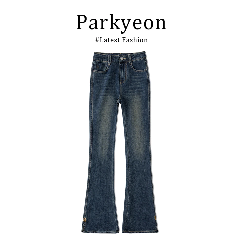 parkyeon美式复古高腰牛仔裤女2024年秋冬加绒新款修身显瘦喇叭裤