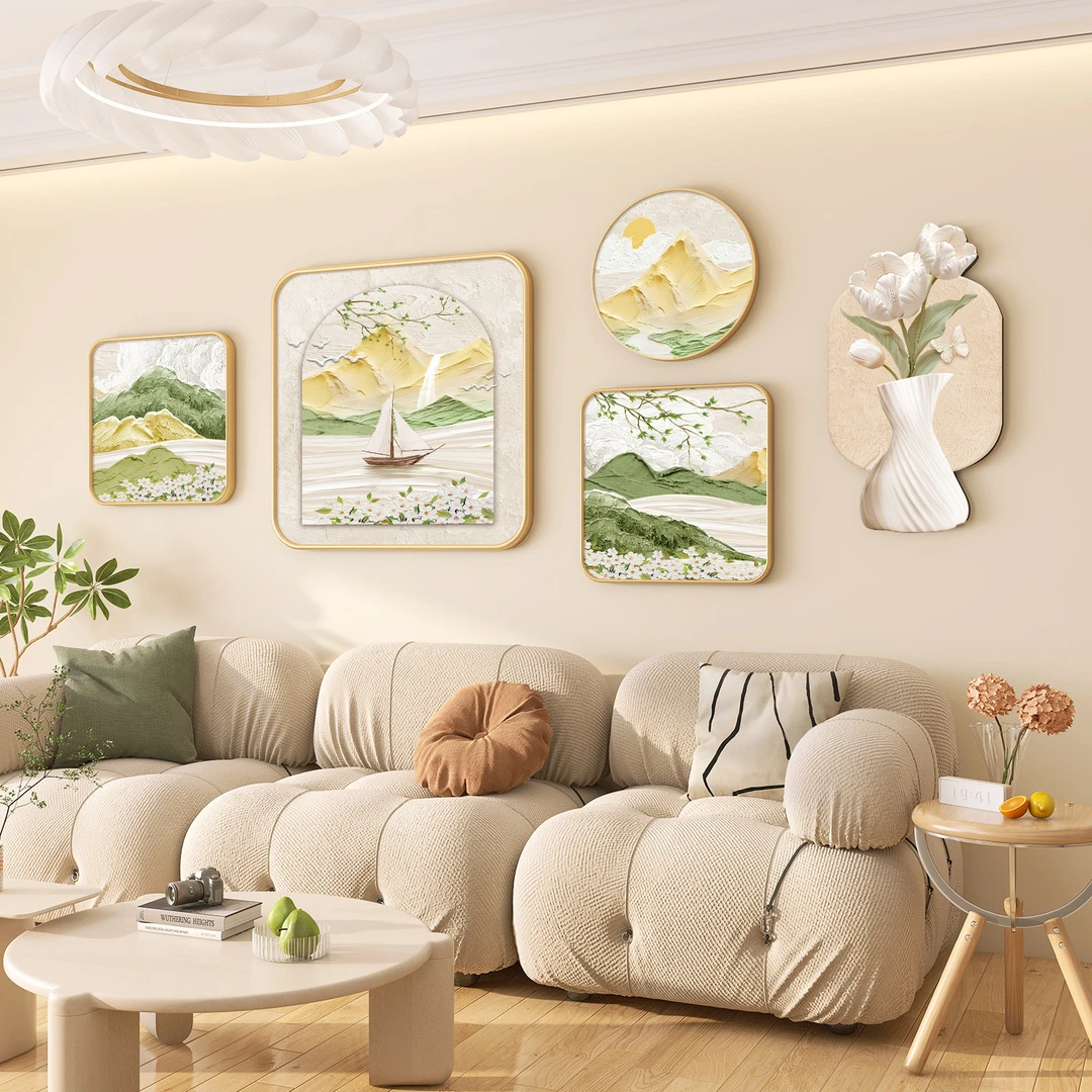 北欧奶油风客厅装饰画高级感沙发背景墙感挂画现代清新绿植壁画