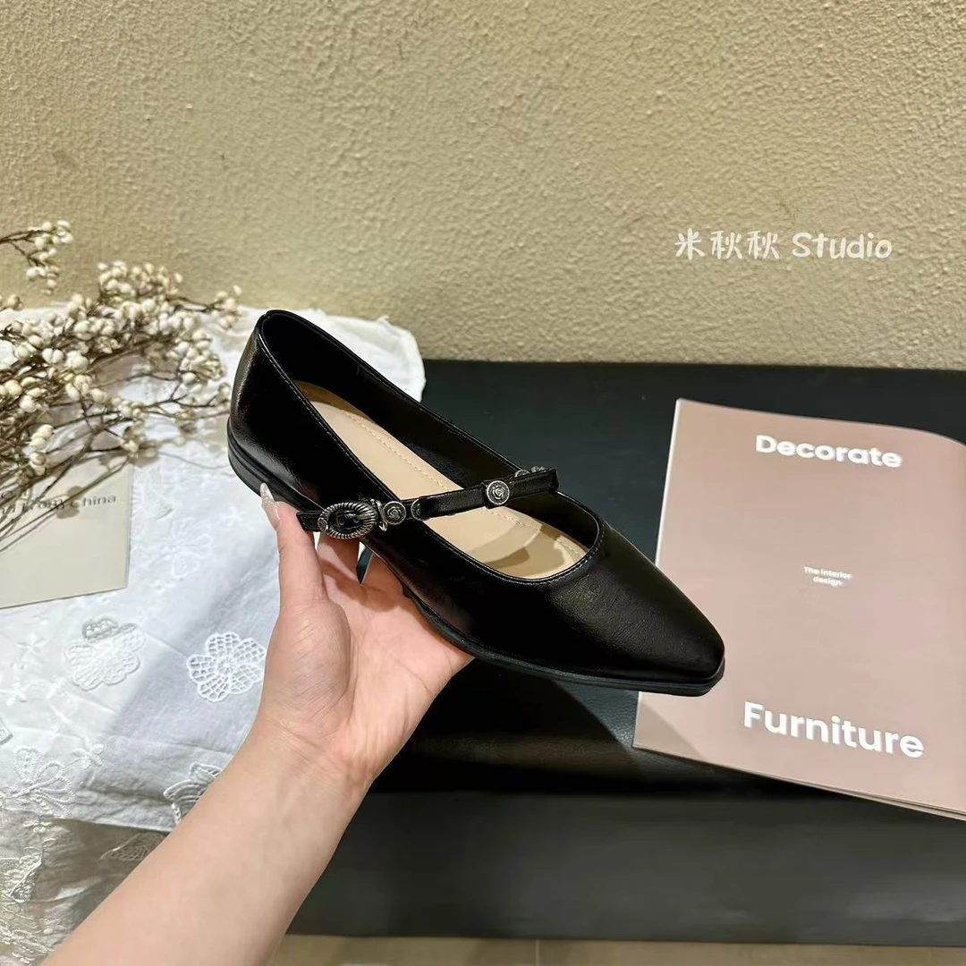 欧洲站2025一字带蝴蝶结小尖头单鞋春季新款浅口玛丽珍