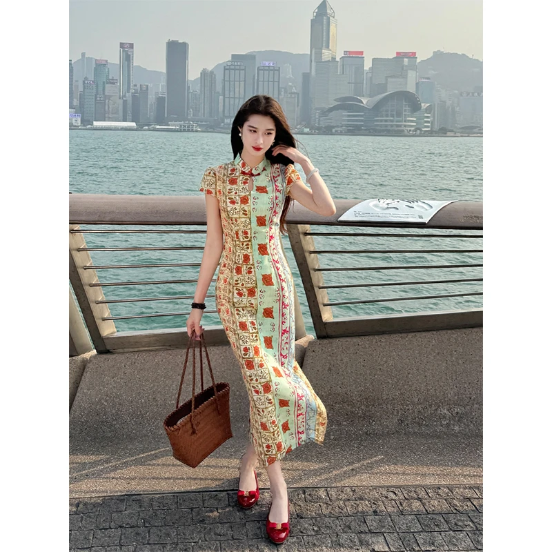 凌茜【彩鹤】新中式撞色改良旗袍女春夏印花拼接显瘦旗袍连衣裙