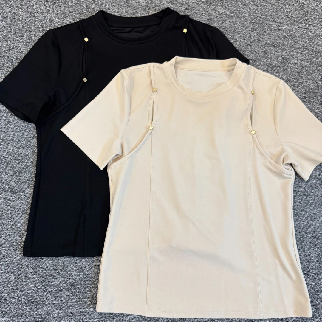 16951两色净版花朵扣子装饰圆领短袖T恤