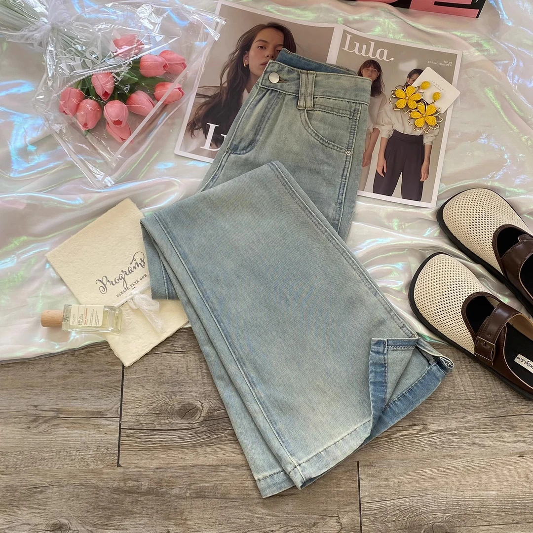 开叉微喇牛仔裤女2025秋季薄款高腰显瘦宽松开叉小个子阔腿喇叭裤