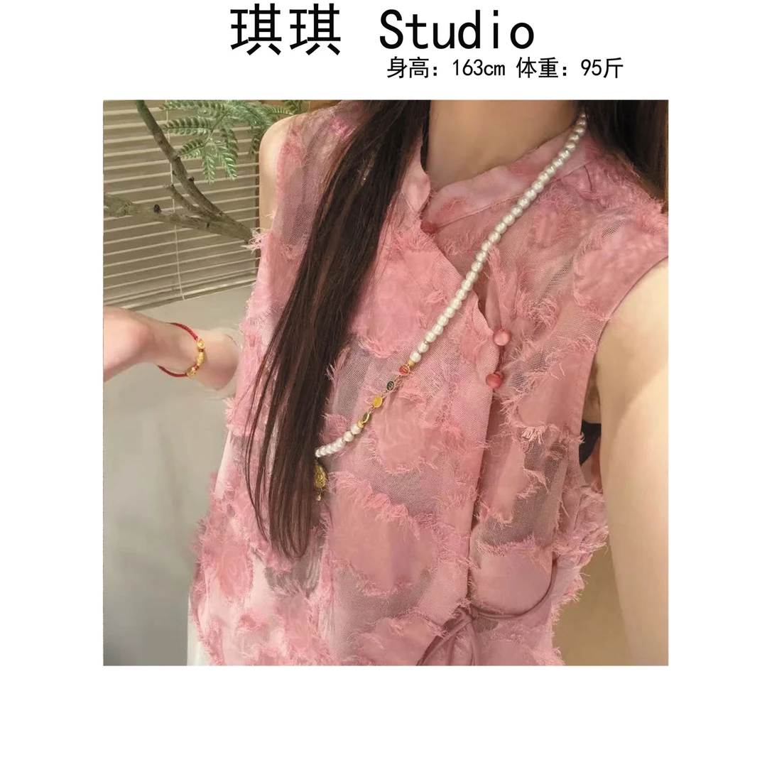 《琪琪家》夏季新款轻奢重工设计乞丐毛边系带盘扣减龄无袖上衣-77