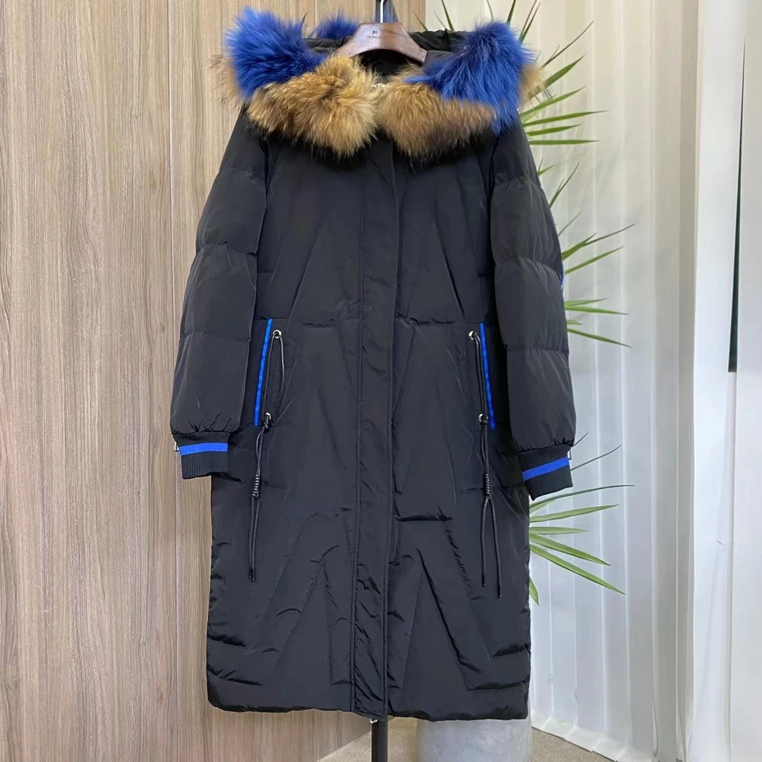 冬季时尚百搭中长款拼接撞色连帽羽绒服 C2467