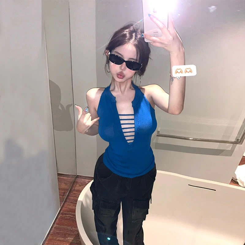 夏季新款克莱因蓝辣妹V领镂空无袖针织上衣背心气质百搭裤子套装