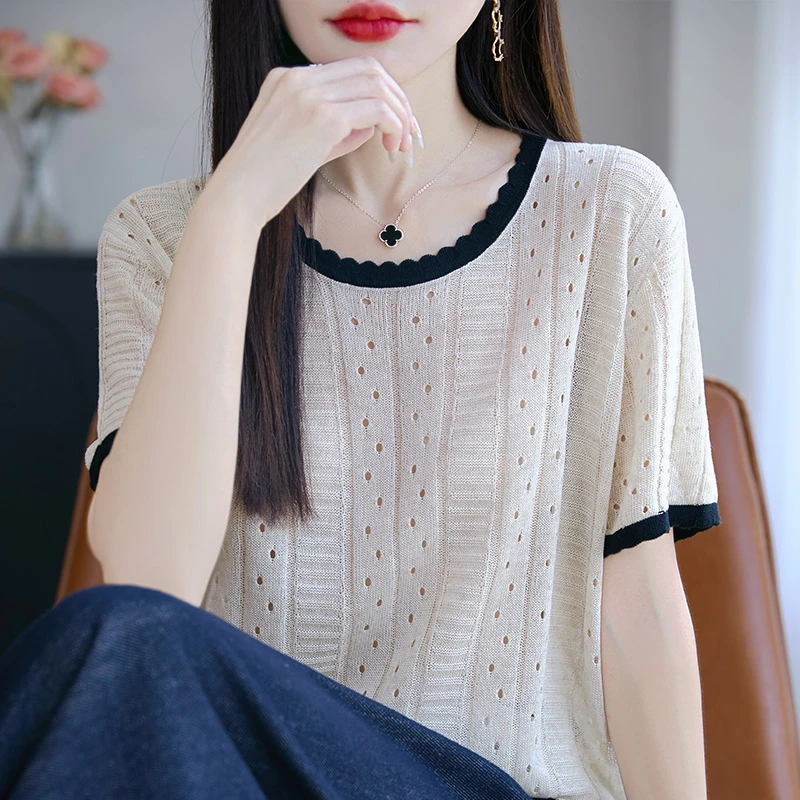 撞色镂空短袖t恤女夏季2025新款打底衫洋气大码女装冰丝针织上衣