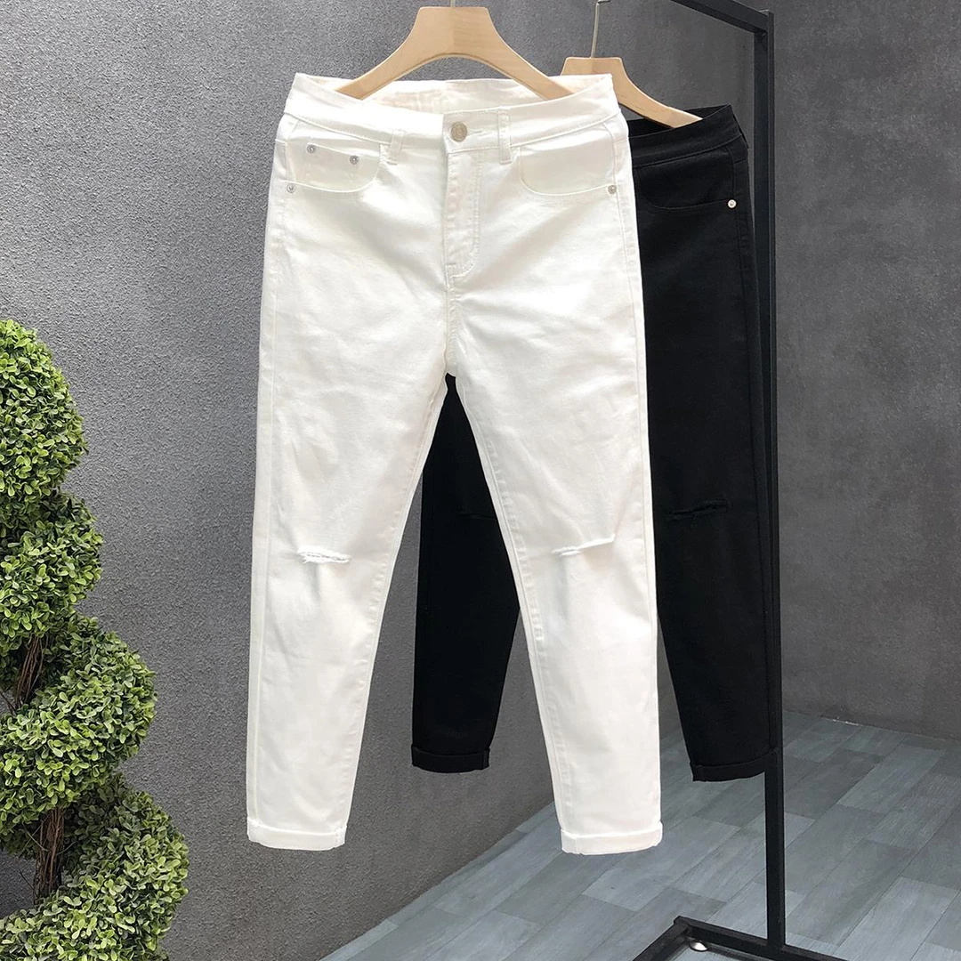 高端破洞白色牛仔裤男潮牌痞帅黑色裤子2024春秋新款男士薄款长裤