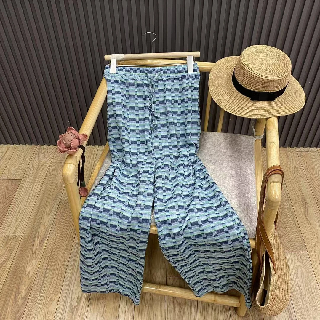 复古拼色格纹高腰棉麻阔腿裤亚麻格子百搭宽松显瘦长裤女K891