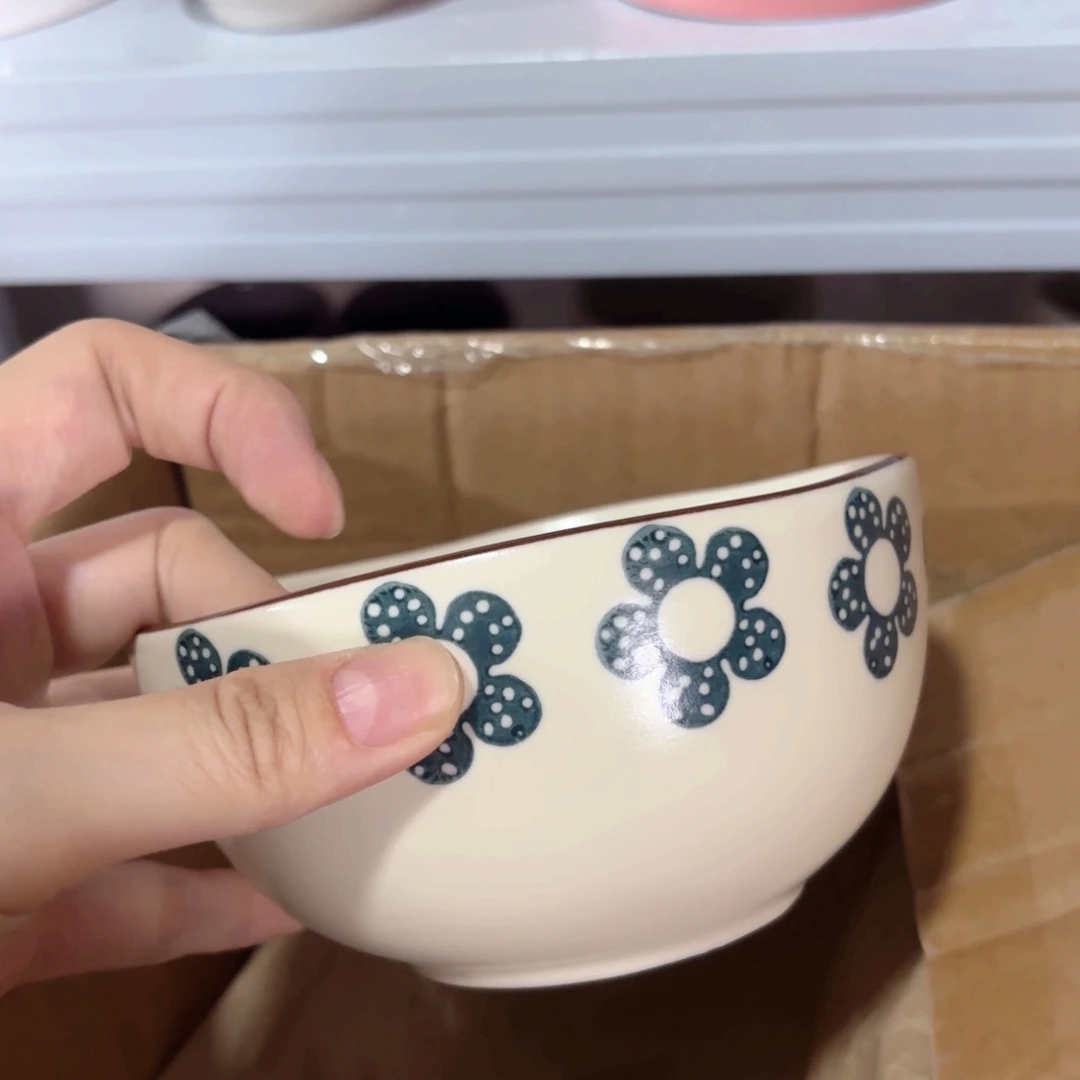 陶蓝朵朵陶土粉米饭碗