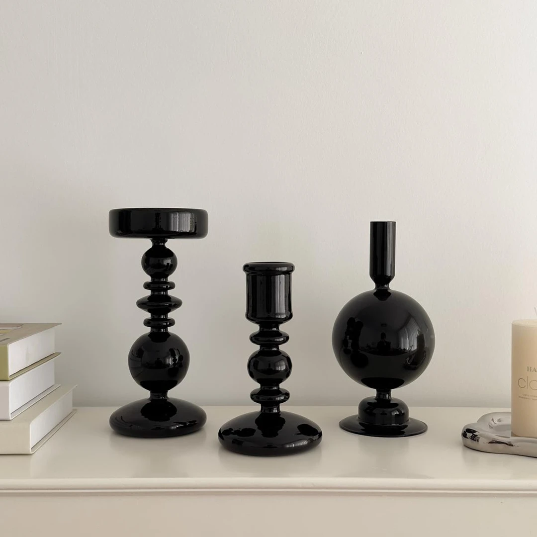 复古黑色玻璃烛台玄关电视柜客厅装饰摆件高级感小众轻奢家居饰品