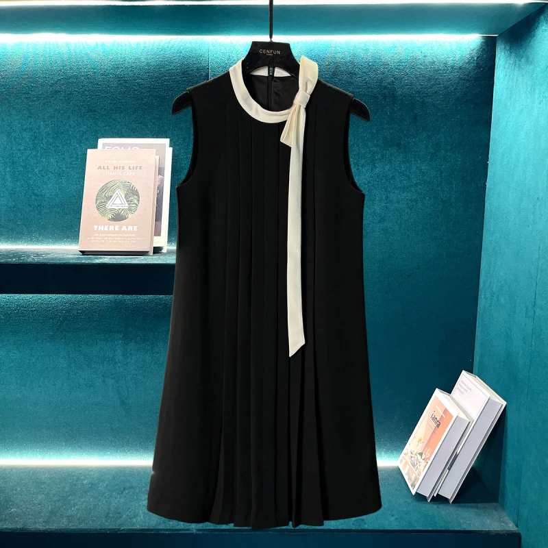 黑色无袖飘带休闲通勤A字连衣裙E001229