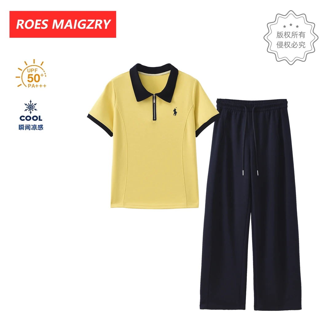 【夏季清仓福利】爆款翻领半拉链套装长裤直筒裤宽松显瘦休闲